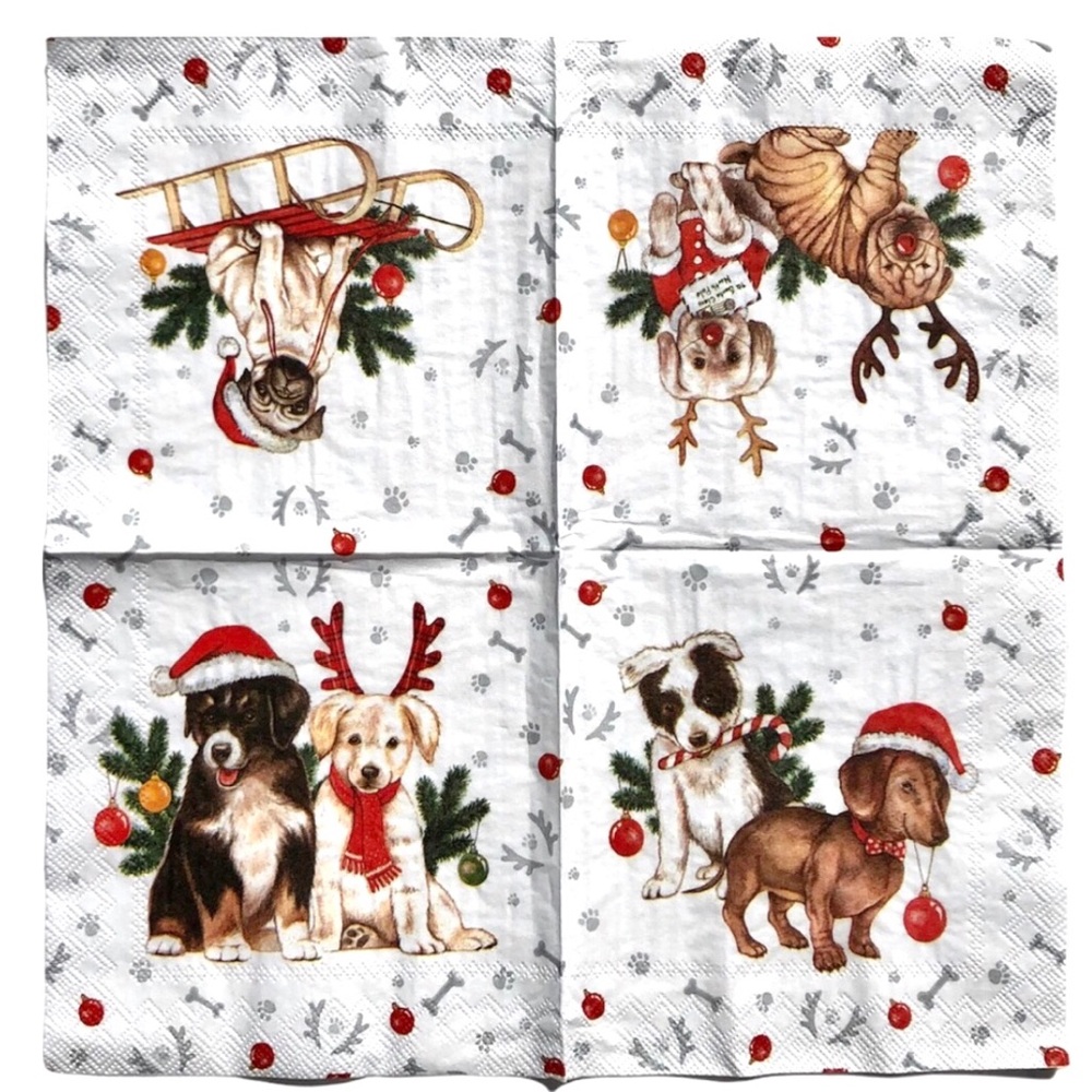 One (1) Individual Christmas Pets Christmas Decoupage Cocktail Napkin